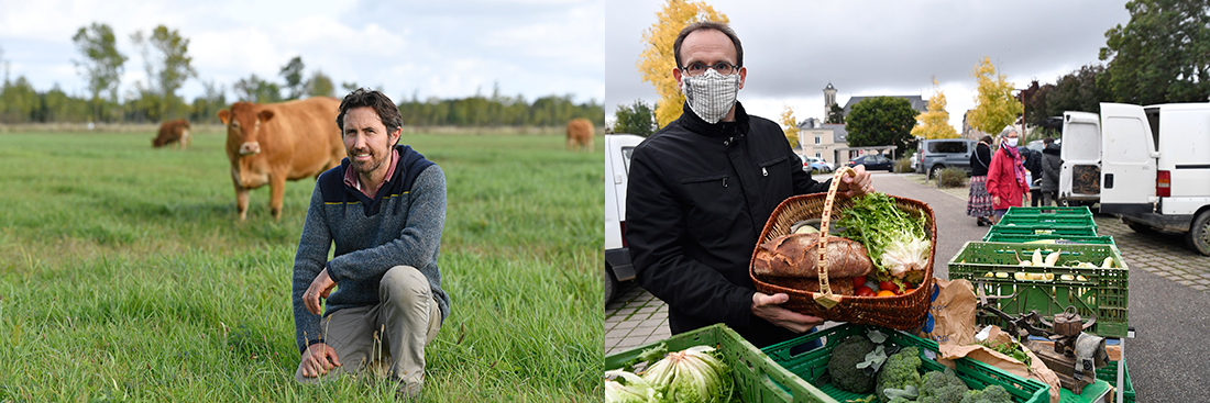 Photo d'un producteur angevin et d'un commerçant local sur un marché.