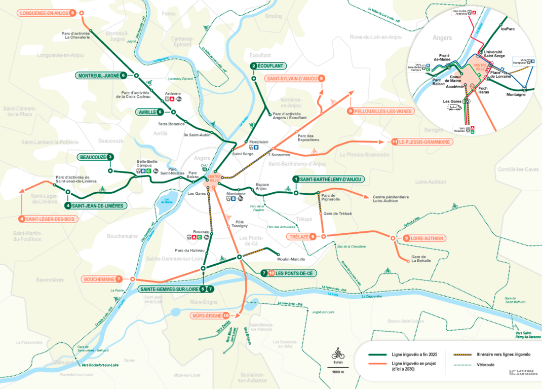 Plan du futur réseau cyclable d'Angers Loire Métropole.
