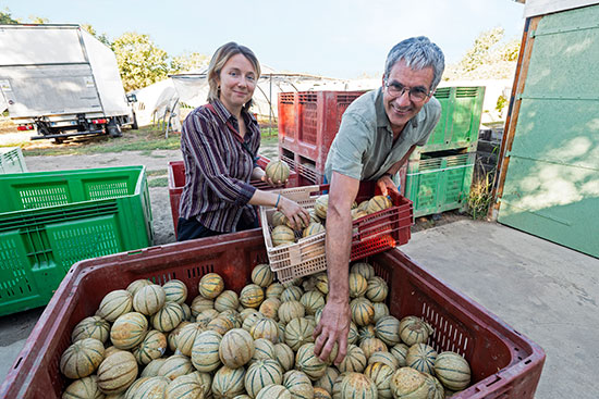 Augustine Derly et Laurent Lelore, debout c&ocirc;te &agrave; c&ocirc;te devant un bac en plastique rempli de melons.