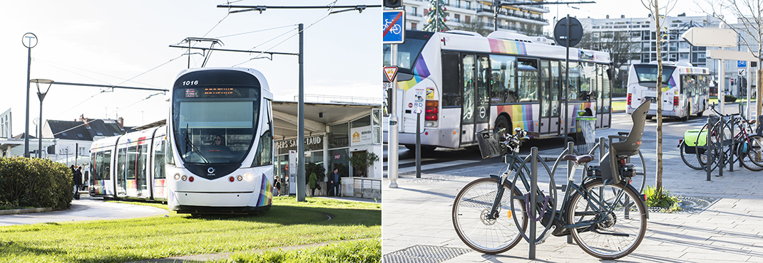 Photos de tramway, bus et v&eacute;los dans le centre-ville d&#039;Angers.